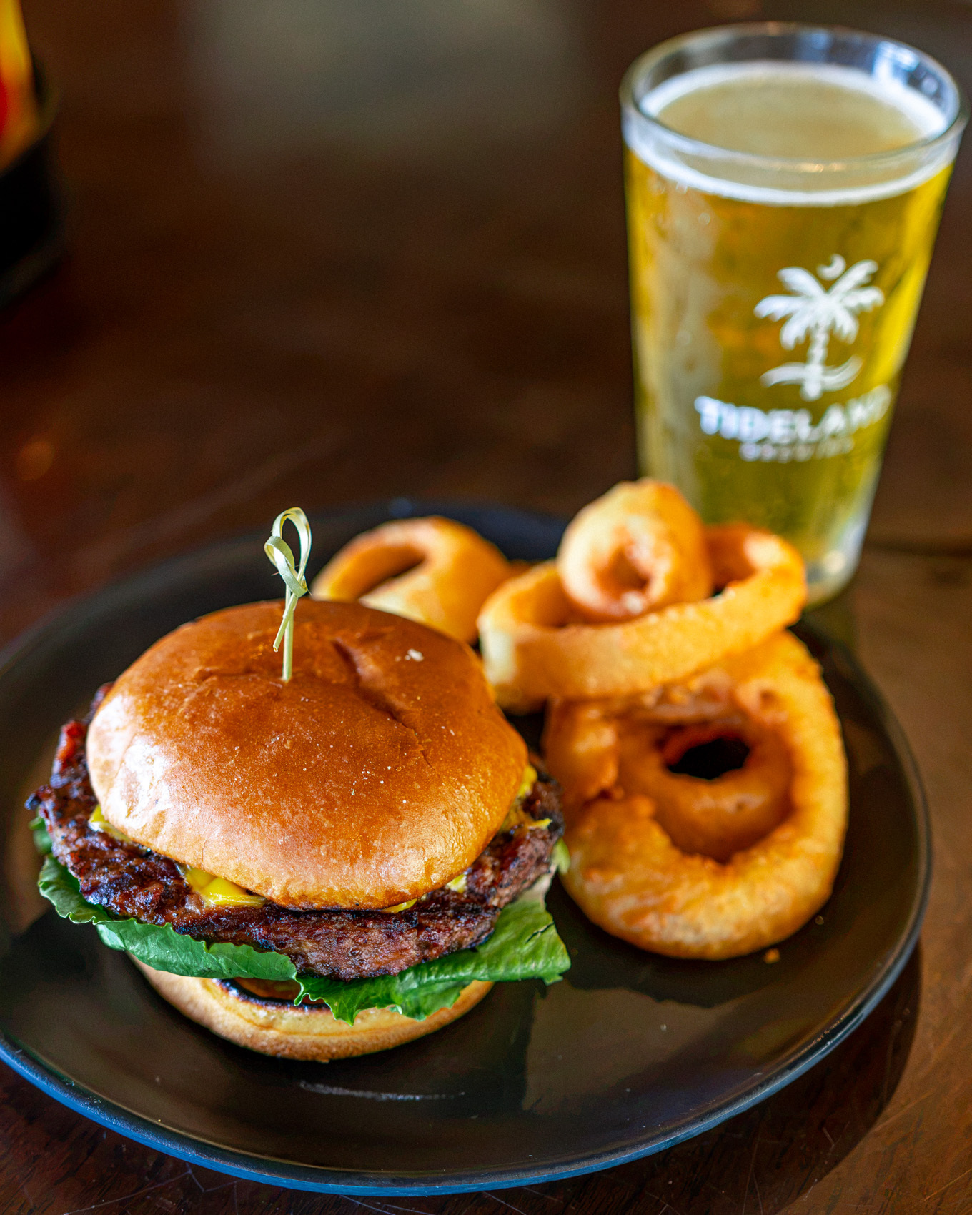 A cheeseburger and onion rings at Tavern on the Trail